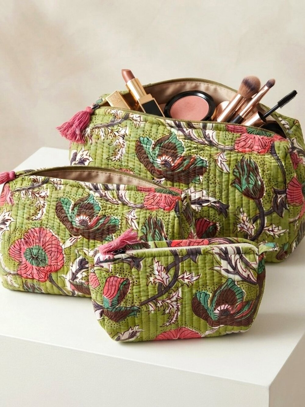 Set Of 3 Block Print Toiletry Bags, Cotton Makeup Bag, Cosmetic Bag Set Gift